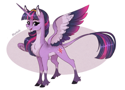 Size: 2428x1752 | Tagged: safe, artist:marbola, character:twilight sparkle, character:twilight sparkle (alicorn), species:alicorn, species:pony, abstract background, alternate design, cheek fluff, colored wings, colored wingtips, ear fluff, eyeshadow, female, fluffy, jewelry, leg fluff, leonine tail, lidded eyes, looking at you, makeup, mare, neck fluff, open mouth, pubic fluff, signature, smiling, solo, spread wings, tail fluff, tiara, unshorn fetlocks, wing fluff, wings