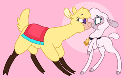 Size: 1280x807 | Tagged: safe, artist:sandwichbuns, community related, character:paprika paca, character:pom lamb, species:alpaca, species:sheep, them's fightin' herds, bell, blushing, boop, cloven hooves, duo, eye contact, looking at each other, noseboop, simple background