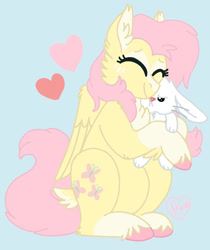 Size: 757x901 | Tagged: safe, artist:sandwichbuns, character:angel bunny, character:fluttershy, species:pony, blue background, colored hooves, cuddling, eyes closed, female, floating heart, heart, male, mare, simple background, socks (coat marking), unshorn fetlocks