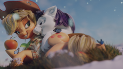 Size: 1280x720 | Tagged: safe, artist:v747, character:applejack, oc, oc:constance everheart, species:earth pony, species:pony, 3d, apple, applejack's hat, bedroom eyes, butterfly, canon x oc, clothing, cowboy hat, cuddling, cutie mark, everjack, female, food, hat, lidded eyes, male, mare, on side, plaid, shipping, shirt, smiling, snow, straight
