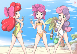 Size: 2923x2067 | Tagged: safe, artist:ryured, character:apple bloom, character:scootaloo, character:spike, character:sweetie belle, species:human, species:pegasus, species:pony, beach, bikini, breasts, clothing, cutie mark crusaders, humanized, one-piece swimsuit, open-back swimsuit, small breasts, smiling, swimsuit, underwear