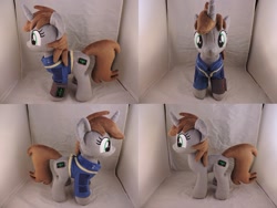 Size: 1597x1199 | Tagged: safe, artist:little-broy-peep, oc, oc:littlepip, species:pony, species:unicorn, fallout equestria, clothing, cutie mark, fanfic, female, hooves, horn, irl, mare, photo, pipbuck, plushie, solo, vault suit