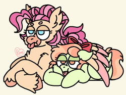 Size: 800x603 | Tagged: safe, artist:sandwichbuns, oc, oc only, oc:ladybird, oc:spongecake, parent:fluttershy, parent:pinkie pie, parent:princess skystar, parent:rainbow dash, parents:flutterdash, parents:skypie, species:classical hippogriff, species:hippogriff, species:pegasus, species:pony, female, hug, magical lesbian spawn, mare, offspring, prone, simple background, tongue out, winghug