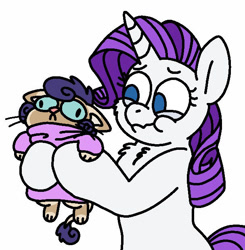 Size: 607x619 | Tagged: safe, artist:sandwichbuns, character:rarity, oc, oc:yarnball, parent:capper dapperpaws, parent:rarity, parents:capperity, species:pony, catpony, chest fluff, clothing, cute, derp, female, hybrid, interspecies offspring, mother and daughter, no pupils, offspring, original species, simple background, sweater, white background