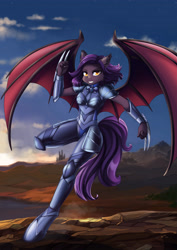 Size: 3508x4961 | Tagged: safe, artist:lifejoyart, oc, oc only, oc:dawn sentry, species:anthro, species:bat pony, armor, attack, bat wings, claws, cloud, fighting stance, solo, weapon, wings