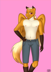 Size: 2148x3033 | Tagged: safe, artist:timidwithapen, oc, oc only, species:anthro, species:pegasus, species:pony, clothing, femboy, looking at you, male, pink background, ponytail, shorts, simple background, smiling, smirk, solo