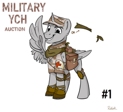 Size: 1200x1100 | Tagged: safe, artist:rutkotka, species:pony, auction, bandana, boots, camouflage, clothing, combat medic, commission, dog tags, elbow pads, fantasy class, hat, knee pads, male, medic, military, military bronies, military pony, military uniform, saddle bag, satchel, shoes, short sleeves, simple background, smiling, soldier, stallion, uniform, warrior, white background, your character here