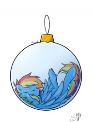 Size: 1024x1331 | Tagged: safe, artist:secret-pony, artist:thelittlebear, character:rainbow dash, species:pegasus, species:pony, bauble, christmas, christmas ornament, colored, eyes closed, female, micro, ornament, simple background, solo, underhoof, white background