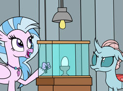 Size: 1789x1333 | Tagged: safe, artist:eagc7, character:ocellus, character:silverstream, species:changeling, species:classical hippogriff, species:hippogriff, species:reformed changeling, duo, egg, female, light bulb, new student starfish, nickelodeon, ocellus is not amused, parody, spongebob squarepants, table