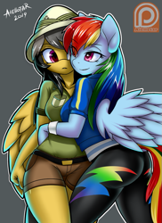 Size: 619x850 | Tagged: safe, artist:iloota, patreon reward, character:daring do, character:rainbow dash, species:anthro, species:pegasus, species:pony, ship:daringdash, g4, my little pony: equestria girls, ass, beautiful, beautisexy, bedroom eyes, breasts, busty daring do, busty rainbow dash, butt, clothing, denim shorts, equestria girls outfit, female, gray background, hat, hug, jacket, leggings, lesbian, lidded eyes, mare, pants, patreon, patreon logo, pink eyes, pith helmet, sexy, shipping, shirt, shorts, signature, simple background, smiling, surprised, t-shirt, thighs, wings, wristband