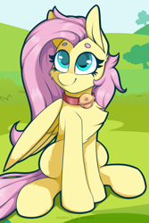 Size: 1181x1772 | Tagged: safe, artist:php97, character:fluttershy, species:pegasus, species:pony, beanbrows, bell, bell collar, cat bell, chest fluff, collar, cute, eyebrows, female, flutterpet, looking at you, mare, pet play, pony pet, shyabetes, sitting, solo