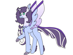 Size: 2740x2055 | Tagged: safe, artist:midnightamber, oc, oc only, species:pony, braid, changeling horn, changeling hybrid, changeling wings, colored wings, feathered hooves, feathered wings, gradient chest, gradient eyes, gradient wings, hippogriff hybrid, hooves, hybrid, hybrid wings, lifted leg, long mane, looking sideways, simple background, solo, spread wings, standing, transparent wings, white background, wings