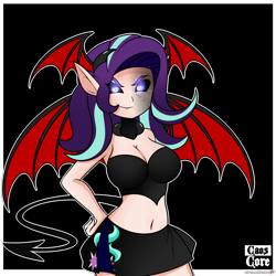 Size: 4000x4000 | Tagged: safe, artist:caoscore, character:starlight glimmer, species:human, belly button, breasts, cleavage, clothing, costume, demon, female, humanized, light skin, midriff, miniskirt, skirt, smiling, smirk, solo, wings