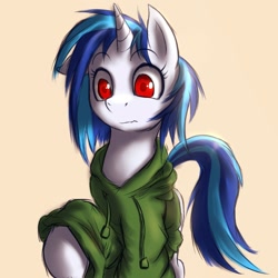 Size: 1600x1600 | Tagged: dead source, safe, artist:swaetshrit, character:dj pon-3, character:vinyl scratch, species:pony, species:unicorn, g4, clothing, female, hoodie, mare, missing accessory, paint tool sai, simple background, solo, wrong eye color