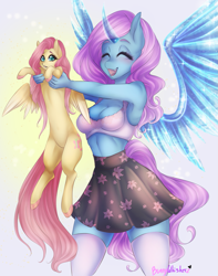 Size: 1153x1460 | Tagged: safe, artist:bunnywhiskerz, patreon reward, character:fluttershy, oc, oc:queen crystalline, species:alicorn, species:anthro, species:pegasus, species:pony, alicorn oc, anthro oc, anthro with ponies, armpits, bra, breasts, cleavage, clothing, colored hooves, cute, duo, eyes closed, female, holding a pony, mare, miniskirt, open mouth, patreon, skirt, socks, thigh highs, underwear, white underwear