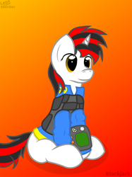 Size: 4081x5442 | Tagged: safe, artist:terminalhash, oc, oc only, oc:blackjack, species:pony, species:unicorn, fallout equestria, fallout equestria: project horizons, absurd resolution, clothing, fanfic, fanfic art, female, gradient background, hooves, horn, mare, pipbuck, security armor, sitting, solo, vault security armor, vault suit, vector