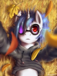 Size: 1200x1600 | Tagged: dead source, safe, artist:swaetshrit, character:dj pon-3, character:vinyl scratch, species:pony, species:unicorn, autumn, broken glasses, clothing, female, frown, grass, hoodie, leaves, looking at you, mare, on back, paint tool sai, selfie, solo, sunglasses