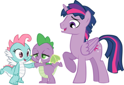 Size: 2494x1704 | Tagged: safe, artist:agirl3003, artist:trotsworth, character:barb, character:spike, character:twilight sparkle, character:twilight sparkle (alicorn), oc, oc:dim sum the dragon, oc:dusk shine, species:alicorn, species:dragon, species:pony, dragoness, female, food, holding hands, love, male, prince dusk, rule 63, stallion