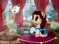 Size: 1500x1133 | Tagged: safe, artist:radioaxi, species:pony, beauty, beauty and the beast, belle, book, bow, braid, brown eyes, brown hair, carpet, chip, clothing, crossover, cup, curtains, disney, disney princess, dress, food, hair bow, long hair, mrs potts, pillow, ponified, solo, table, tea, teapot, window, winter