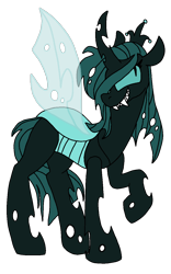 Size: 800x1280 | Tagged: dead source, safe, artist:sandwichbuns, character:queen chrysalis, species:changeling, big wings, changeling queen, fangs, female, grin, holes, looking sideways, looking up, open mouth, raised hoof, sharp teeth, simple background, slit eyes, smiling, smirk, solo, spread wings, teeth, transparent background, wings