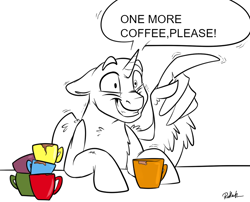 Size: 800x647 | Tagged: safe, artist:rutkotka, species:pony, auction, caffeine, coffee, coffee mug, commission, crazy eyes, male, mug, shaking, smiling, stallion, wing hands, wings, your character here