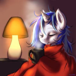 Size: 1600x1600 | Tagged: dead source, safe, artist:swaetshrit, character:dj pon-3, character:vinyl scratch, species:pony, species:unicorn, g4, blanket, eyes closed, female, hot chocolate, lamp, mare, messy mane, mug, paint tool sai, solo