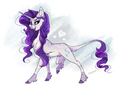 Size: 2537x1828 | Tagged: safe, artist:marbola, character:rarity, species:pony, species:unicorn, abstract background, cheek fluff, chest fluff, dappled, ear fluff, eyeshadow, female, floppy ears, heart, leg fluff, leonine tail, lidded eyes, looking at you, makeup, mare, open mouth, raised leg, shoulder fluff, smiling, solo, tail fluff, unshorn fetlocks
