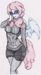 Size: 1556x2805 | Tagged: safe, artist:zoarenso, oc, species:anthro, species:pegasus, species:pony, anthro oc, blushing, breasts, female, glasses, simple background, smiling, solo, traditional art