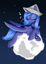 Size: 2126x2953 | Tagged: safe, artist:php97, character:princess luna, species:alicorn, species:pony, cartographer's cap, clothing, cute, earbuds, eyes closed, female, hat, ipod, lunabetes, mare, moon, mp3 player, music notes, paper hat, pony bigger than a planet, s1 luna, solo, space, tangible heavenly object