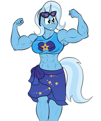 Size: 1381x1648 | Tagged: safe, artist:matchstickman, character:trixie, species:anthro, species:pony, species:unicorn, abs, armpits, biceps, bikini, breasts, busty trixie, clothing, deltoids, female, flexing, grand and muscular trixie, mare, midriff, muscles, sarong, simple background, solo, sunglasses, swimsuit, white background