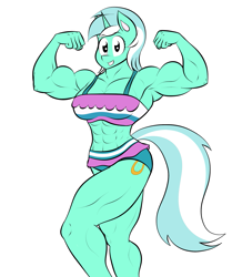 Size: 1381x1648 | Tagged: safe, artist:matchstickman, character:lyra heartstrings, species:anthro, species:pony, species:unicorn, abs, armpits, biceps, breasts, busty lyra heartstrings, clothing, deltoids, female, flexing, looking at you, lyra hamstrings, mare, muscles, simple background, solo, swimsuit, thunder thighs, white background