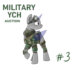 Size: 1500x1400 | Tagged: safe, artist:rutkotka, species:pegasus, species:pony, species:unicorn, auction, clothing, combat, commission, female, goggles, mare, military, soldier, uniform, your character here