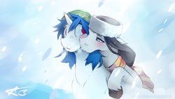 Size: 3723x2120 | Tagged: safe, artist:icychamber, character:dj pon-3, character:octavia melody, character:vinyl scratch, species:earth pony, species:pony, species:unicorn, ship:scratchtavia, beanie, blushing, clothing, female, floppy ears, hat, kiss on the cheek, kissing, lesbian, looking at each other, mare, missing accessory, red eyes, scarf, shipping, snow, snowfall, wrong eye color