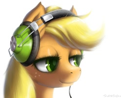 Size: 2000x1600 | Tagged: dead source, safe, artist:swaetshrit, character:applejack, species:earth pony, species:pony, g4, bust, colored pupils, female, hatless, headphones, mare, missing accessory, paint tool sai, portrait, simple background, solo, white background