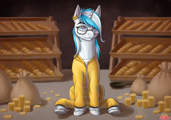 Size: 1920x1344 | Tagged: safe, artist:wwredgrave, oc, oc only, oc:snowflake, species:pony, species:unicorn, bits, bread, breaking bad, clothing, crossover, female, food, mare, money, parody, smiling, solo