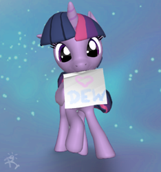 Size: 440x471 | Tagged: safe, artist:radioaxi, character:twilight sparkle, character:twilight sparkle (alicorn), oc, oc:moonbow dew, species:alicorn, species:pony, 3d, 3d model, cute, heart, in love, note, solo, space, text