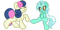 Size: 1000x500 | Tagged: safe, artist:robynne, character:bon bon, character:lyra heartstrings, character:sweetie drops, species:earth pony, species:pony, species:unicorn, ship:lyrabon, dancing, female, lesbian, mare, shipping