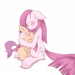 Size: 1600x1600 | Tagged: dead source, safe, artist:swaetshrit, character:pinkamena diane pie, character:pinkie pie, character:scootaloo, species:earth pony, species:pegasus, species:pony, g4, crying, duo, duo female, eyes closed, female, filly, floppy ears, hug, mare, paint tool sai, sad, scootalove, simple background, white background