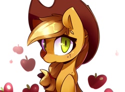 Size: 1465x1073 | Tagged: safe, artist:bloodatius, character:applejack, species:earth pony, species:pony, apple, applejack's hat, clothing, cowboy hat, female, food, freckles, hat, looking at you, mare, solo, stetson