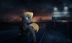 Size: 1663x1000 | Tagged: safe, artist:radioaxi, species:pony, city, clothing, fire, leon s. kennedy, night, resident evil, road, solo, uniform