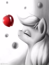 Size: 1200x1600 | Tagged: dead source, safe, artist:swaetshrit, character:applejack, species:earth pony, species:pony, apple, eyes closed, female, grayscale, hatless, mare, missing accessory, monochrome, neo noir, paint tool sai, partial color, solo, that pony sure does love apples