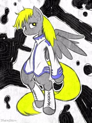 Size: 1200x1600 | Tagged: dead source, safe, artist:swaetshrit, character:derpy hooves, species:pegasus, species:pony, g4, abstract background, bipedal, clothing, female, mare, paint tool sai, sad, solo