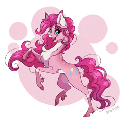 Size: 1750x1687 | Tagged: safe, artist:marbola, character:pinkie pie, species:earth pony, species:pony, balancing, cheek fluff, chest fluff, colored hooves, cute, dappled, diapinkes, ear fluff, female, happy, hooves, leg fluff, looking at you, mare, open mouth, pale belly, raised hoof, raised leg, rearing, redesign, simple background, smiling, solo, unshorn fetlocks, white background