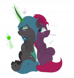 Size: 1844x1944 | Tagged: safe, artist:groomlake, character:fizzlepop berrytwist, character:queen chrysalis, character:tempest shadow, species:changeling, species:pony, species:unicorn, blushing, broken horn, candy, changeling queen, colored, cute, cutealis, duo, duo female, eye scar, female, food, glowing horn, horn, levitation, lollipop, magic, mare, scar, sexy, signature, simple background, sitting, spots, stupid sexy chrysalis, telekinesis, tempestbetes, white background