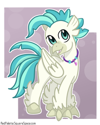 Size: 996x1239 | Tagged: safe, artist:redpalette, character:terramar, species:classical hippogriff, species:hippogriff, season 8, spoiler:s08, abstract background, cute, jewelry, looking at you, male, necklace, open mouth, smiling, solo
