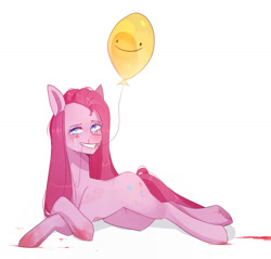 Size: 1280x1222 | Tagged: safe, artist:emily-826, character:pinkamena diane pie, character:pinkie pie, species:pony, abuse, balloon, blood, crying, dark, female, prone, simple background, solo, white background