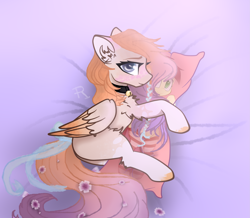 Size: 2333x2035 | Tagged: safe, artist:radioaxi, character:roseluck, oc, species:earth pony, species:pegasus, species:pony, bed, bell, bell collar, blue eyes, blushing, body pillow, chest fluff, collar, commission, cute, digital art, duo, ear fluff, female, flower, flower in hair, fluffy, long hair, long tail, lying down, mare, ribbon, solo