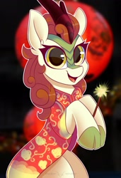 Size: 1772x2598 | Tagged: safe, artist:php97, character:autumn blaze, species:kirin, awwtumn blaze, bipedal, blood moon, cheongsam, chinese new year, clothing, cute, female, looking at you, moon, smiling, solo, sparkler