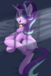 Size: 1181x1772 | Tagged: safe, artist:php97, character:starlight glimmer, species:pony, species:unicorn, bell, bell collar, blushing, cat bell, cheek fluff, chest fluff, collar, cute, dock, ear fluff, eye clipping through hair, featureless crotch, female, glimmerbetes, hair over one eye, looking at you, mare, on side, open mouth, pet glimmer, signature, smiling, solo