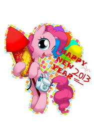 Size: 1500x2000 | Tagged: safe, artist:hoyeechun, character:pinkie pie, 2013, balloon, cute, diapinkes, female, fireworks, happy new year, new year, one eye closed, rocket, solo, wink